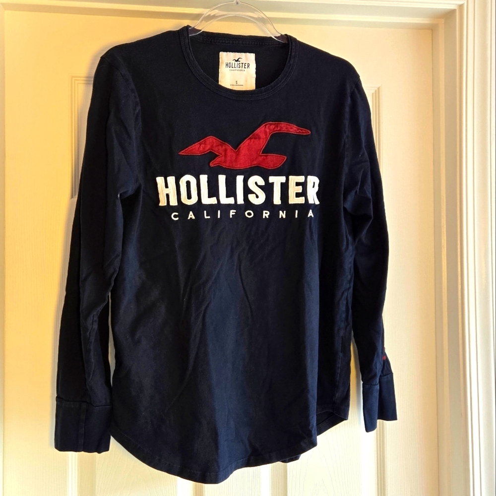 Hollister Applique Logo Graphic T Shirt NAVY‎ BLUE Men's SIZE S Long Sleeves